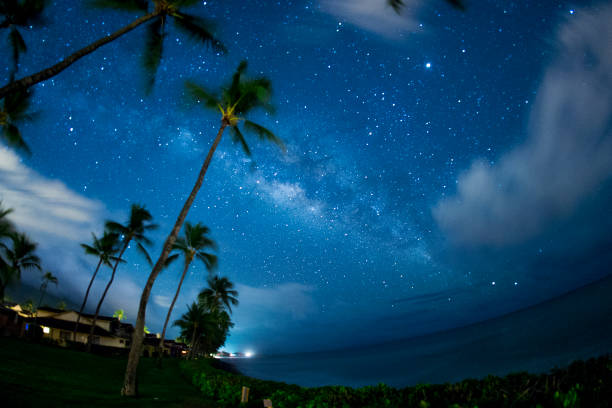 via lattea e pianeta giove sull'oceano pacifico - maui beach palm tree island foto e immagini stock