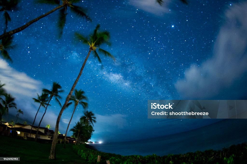 Milky Way and planet Jupiter over the Pacific Ocean MAUI, HAWAII - MARCH 26:  The Milky Way and planet Jupiter appear in the early morning hours of March 26, 2018, in Lahaina, on the island of Maui, HI.  (Photo by Marissa Baecker/Shoot the Breeze)  *** Local Caption *** Night Stock Photo