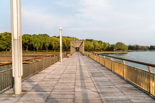 istock Modern architecture and parks, wooden floor scenes. 942494880