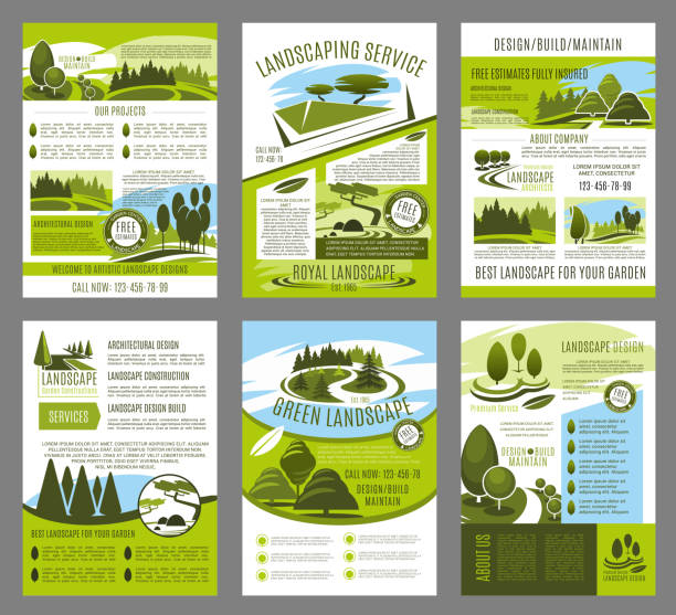 Vector landscape garden design brochure template Landscape design and green garden build brochure template for landscaping company or horticulture service. Vector design of park trees or garden nature for city forest eco architects construction company brochure template stock illustrations