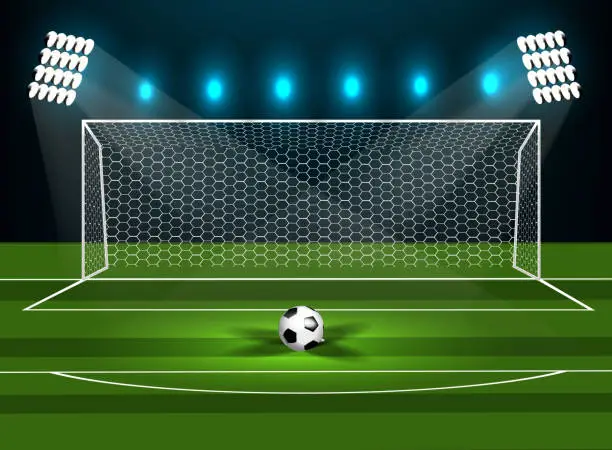 Vector illustration of Football goal on a green field with a football.