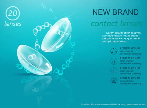 Vector illustration of Eye contact lenses on blue background with bubbles.