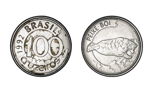 One hundred cruzeiros coin, year 1992 - Old Coins From Brazil isolated on white with clipping path