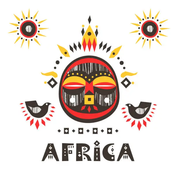 Vector illustration of Hand-drawn poster with the African mask and lettering 