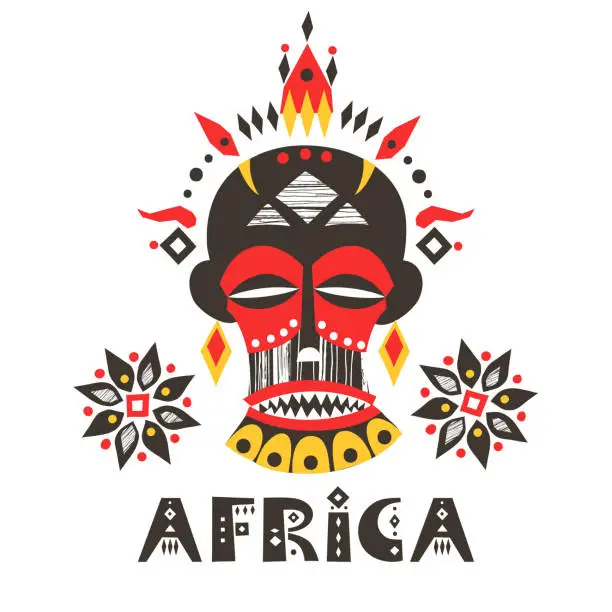 Vector illustration of Hand-drawn poster with the African mask and lettering 