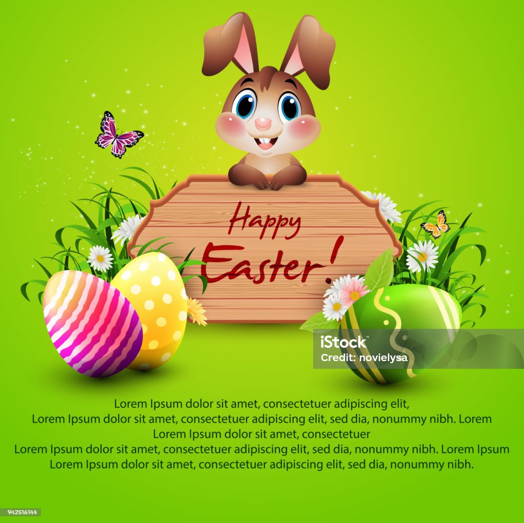 Cute Easter bunny with a wooden sign and colorful eggs on green background Vector illustration of Cute Easter bunny with a wooden sign and colorful eggs on green background Above stock vector