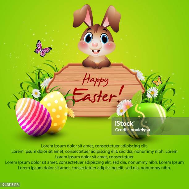 Cute Easter Bunny With A Wooden Sign And Colorful Eggs On Green Background Stock Illustration - Download Image Now