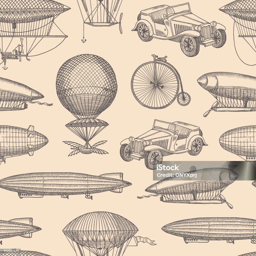 Vektormuster mit Steampunk hand gezeichnete Luftschiffe, - Lizenzfrei Altertümlich Vektorgrafik