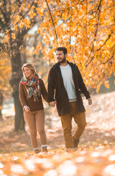 istock Young smiling couple enjoying in autumn walk. 942527704