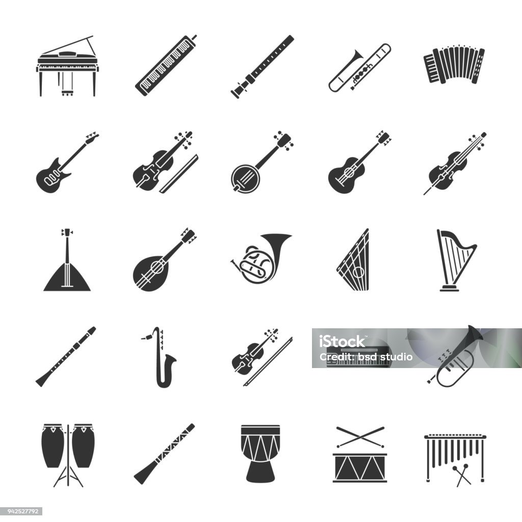 Musical instruments icons Musical instruments glyph icons set. Vector silhouettes. Orchestra equipment. Stringed, wind, percussion instruments Icon Symbol stock vector