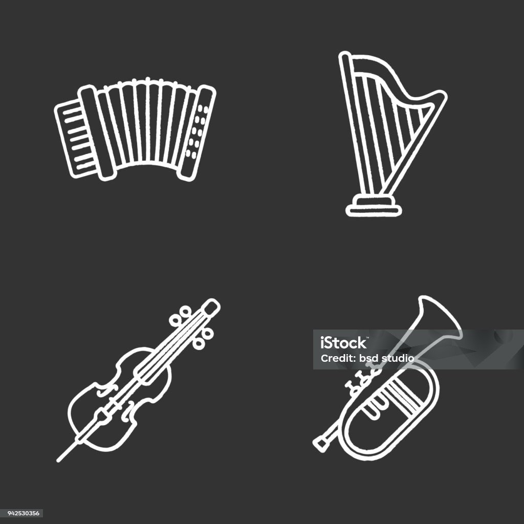 Musical instruments icons Musical instruments chalk icons set. Vector. Accordion, harp, cello, flugelhorn. Accordion - Instrument stock vector