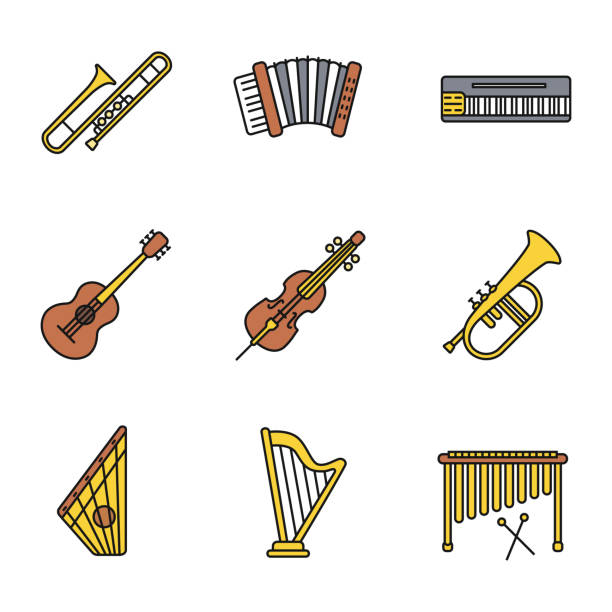 Musical instruments icons Musical instruments color icons set. Vector. Trumpet, accordion, synthesizer, guitar, violoncello, flugelhorn, psaltery, marimba, harp. psaltery stock illustrations
