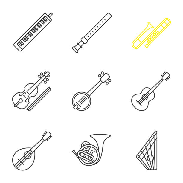 Musical instruments icons Musical instruments linear vector icons. Thin line. Harmonica, tsiranopogh, trumpet, violoncello, banjo, guitar, mandolin, french horn, psaltery. psaltery stock illustrations