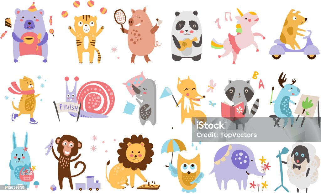 Flat vector set of funny cartoon animals in different actions. Playing games, drinking tea, eating, riding on scooter, drawing. Forest, farm and imagination creatures Set of funny cartoon animals characters in different actions. Playing games, sleeping, drinking tea, riding on scooter, drawing. Forest, farm and imagination creatures. Isolated flat vector icons. Animal stock vector