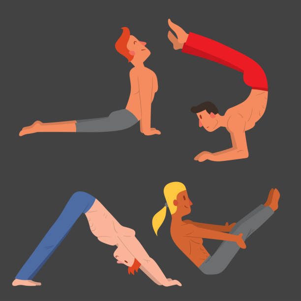 istock Yoga positions mans characters class vector illustration meditation male concentration human peace sport lifestyle relaxation health exercise 942538000