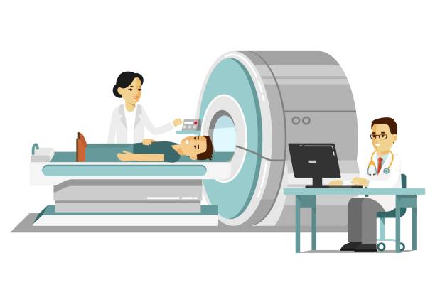 의학 개념 mri 스캔 및 흰색 배경에 고립 된 평면 스타일 진단 - doctor vector radiologist characters stock illustrations