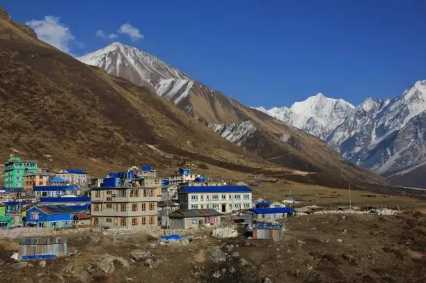 Village Kyanjin Gumba and mount Tserko Ri. Snow covered mountain Gangchenpo . Spring day in the Langtang valley, Nepal.