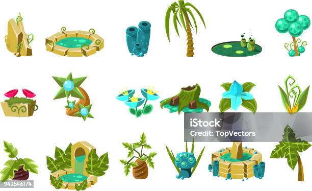 Fabulous Flowers Trees Flowers Stones Design Elements Of Fantasy Landscape World Of Trolls Gnomes Vector Illustration Stock Illustration - Download Image Now