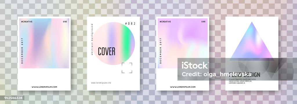 Holographic cover set. Abstract backgrounds. Cover fluid set. Abstract backgrounds. Stylish cover fluid with gradient mesh. 90s, 80s retro style. Pearlescent graphic template for book, annual, mobile interface, web app. Hologram stock vector