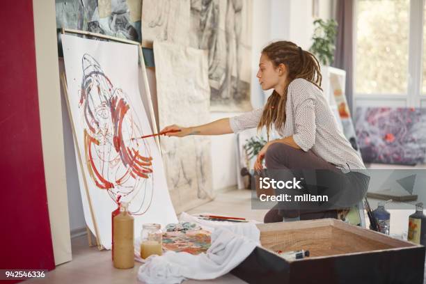 Artistic Girl Sitting In Studio And Paint On Easel Stock Photo - Download Image Now