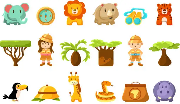 Vector illustration of Safari big set, kids and funny african animals, birds, trees vector illustration