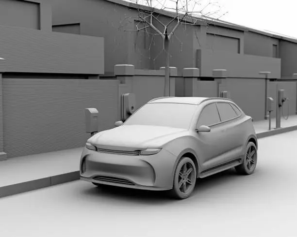 Clay rendering image of electric SUV charging at charging station in the street. 3D rendering image.