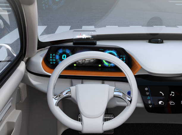 istock Front view of digital speedometer with HUD on wooden tray 942546956