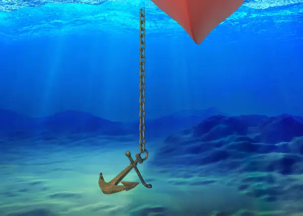 Underwater background with the ship and the anchor lowered to the bottom. 3D rendering