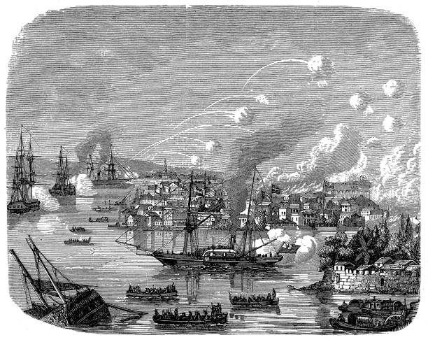 View of the British bombardment of the treaty port of Canton during the Second Opium War, Canton, China, 1850s. Illustration of a View of the British bombardment of the treaty port of Canton during the Second Opium War, Canton, China, 1850s. opium stock illustrations