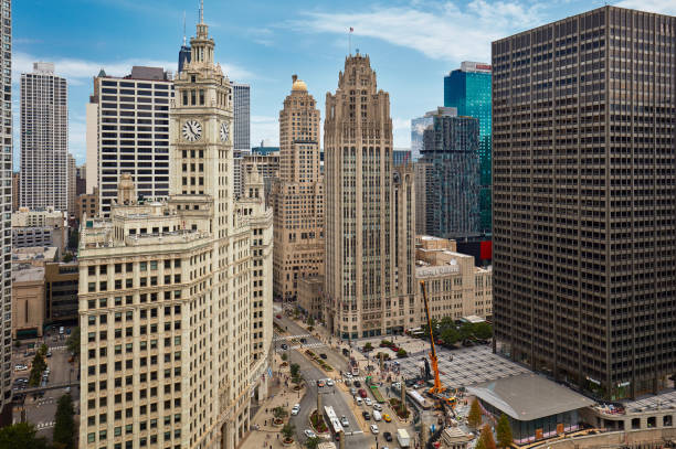 Aerial view of downtown Chicago Aerial view of downtown Chicago, USA tribune tower stock pictures, royalty-free photos & images