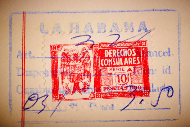 istock Antique spanish stamps with postmarks. Vintage historic philately. Postal 942556112