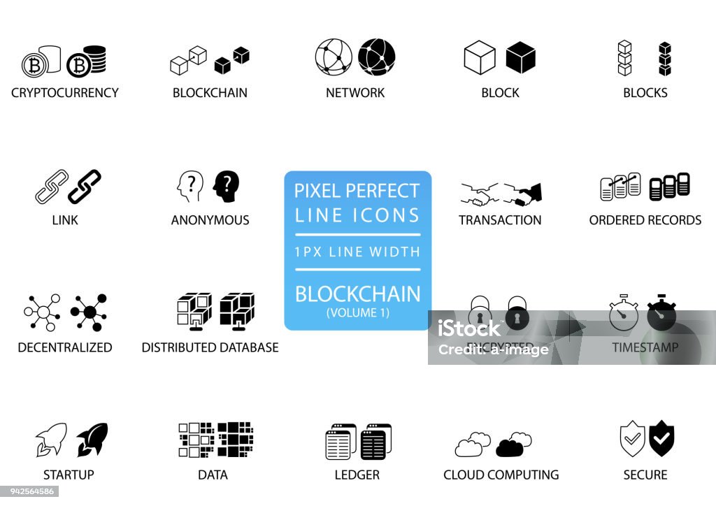 Blockchain and cryptocurrency thin line vector icon set. Pixel perfect icons with 1 px line width for optimal app and web usage Blockchain stock vector