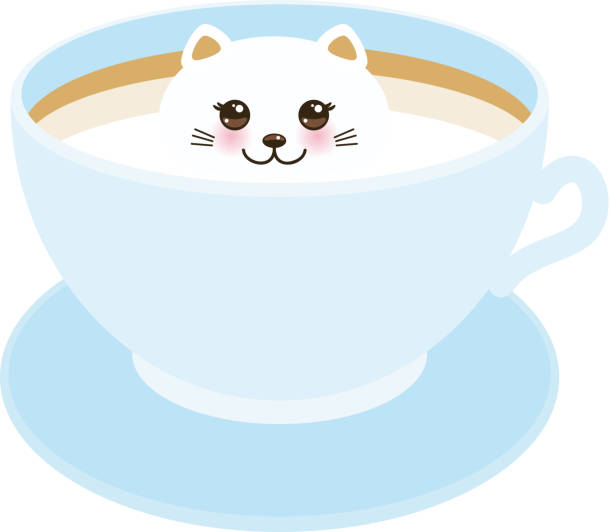 泡アート コーヒーの青いカップのかわいい河合猫、コーヒー アートは白い背景上に分離。カフェラテ アート 3 d。ホット コーヒーやチョコレートのカップに牛乳発泡トップ。ベクトル - hot chocolate coffee isolated on white cup点のイラスト素材／クリップアート素材／マンガ素材／アイコン素材
