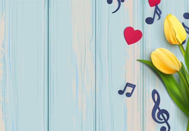 musiknoten und gelbe tulpen auf blauem hintergrund aus holz. - jazz backgrounds backdrop image stock-grafiken, -clipart, -cartoons und -symbole