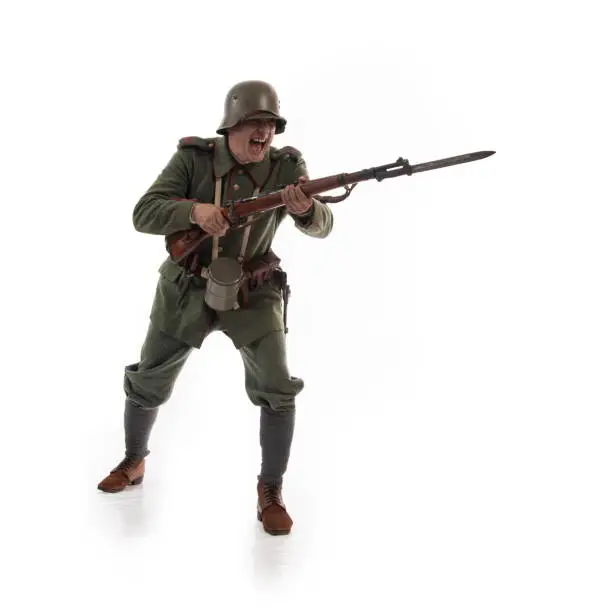 Actor in the form of a German infantryman from the times of the First World War
Posing on white background