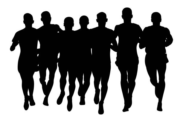 ilustrações, clipart, desenhos animados e ícones de homens de corredores de grupo - silhouette sport running track event