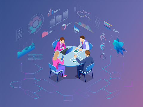 Isometric business people talking conference meeting room. Team work process. Business management teamwork meeting and brainstorming. Vector illustration