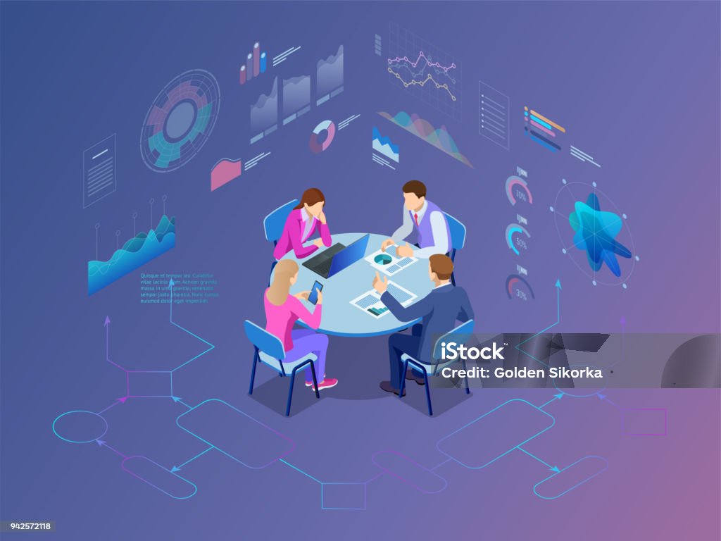Isometric business people talking conference meeting room. Team work process Isometric business people talking conference meeting room. Team work process. Business management teamwork meeting and brainstorming. Vector illustration Isometric Projection stock vector