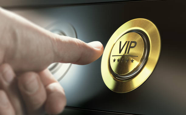 VIP Access. Asking for Premium Services Man with private access to VIP services pressing a button to ask a concierge. Composite image between a hand photography and a 3D background. exclusive stock pictures, royalty-free photos & images