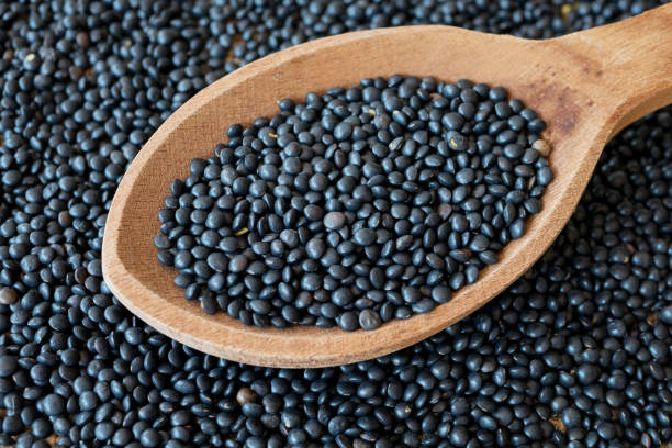 istock Beluga lentils in wooden spoon over black lentils background 942584006