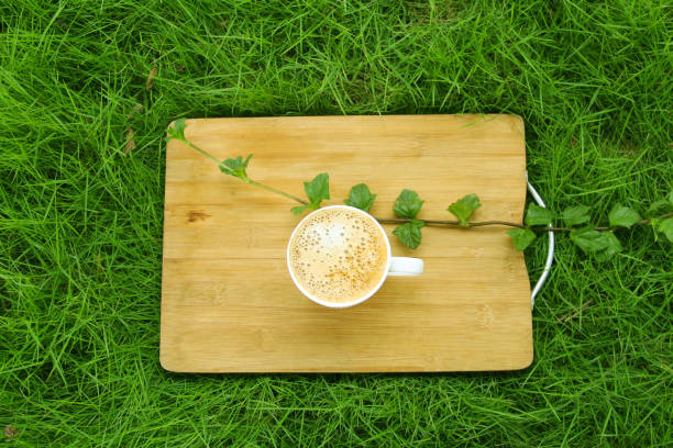 istock Full cup of coffee on green background 942594794