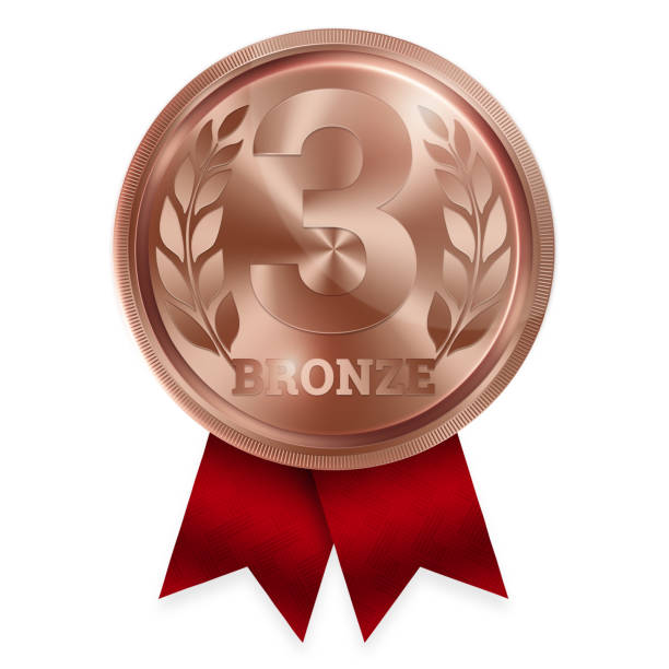 Bronze medal, third place. Winner, champion, number three. 3 rd place. Metalworker's reward. Red ribbon. Isolated on white background. Realistic illustration. Sports theme.