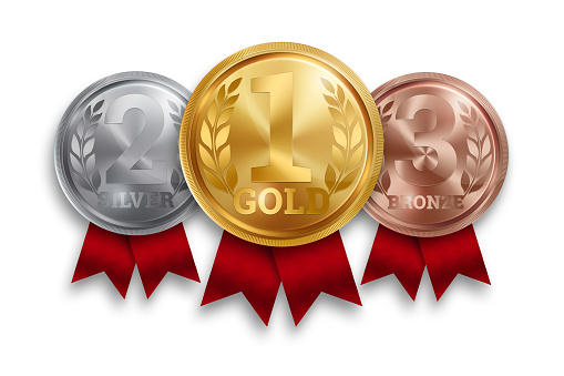 A set of gold, silver and bronze medals, the first, second and third place. Winner, champion, number one, two, three. Red ribbon. Isolated on white background. Realistic illustration. Sports theme.