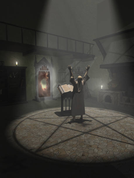 Alchemist Summoning a Demon Fantasy illustration of an Alchemist summoning a demon in his study, 3d digitally rendered illustration summoning stock pictures, royalty-free photos & images