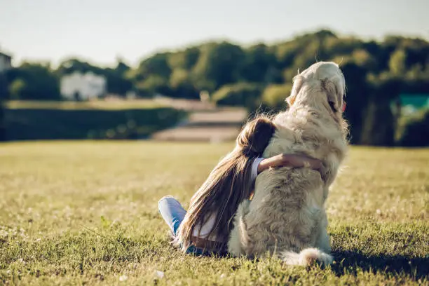 Photo of Little cute girl with dog