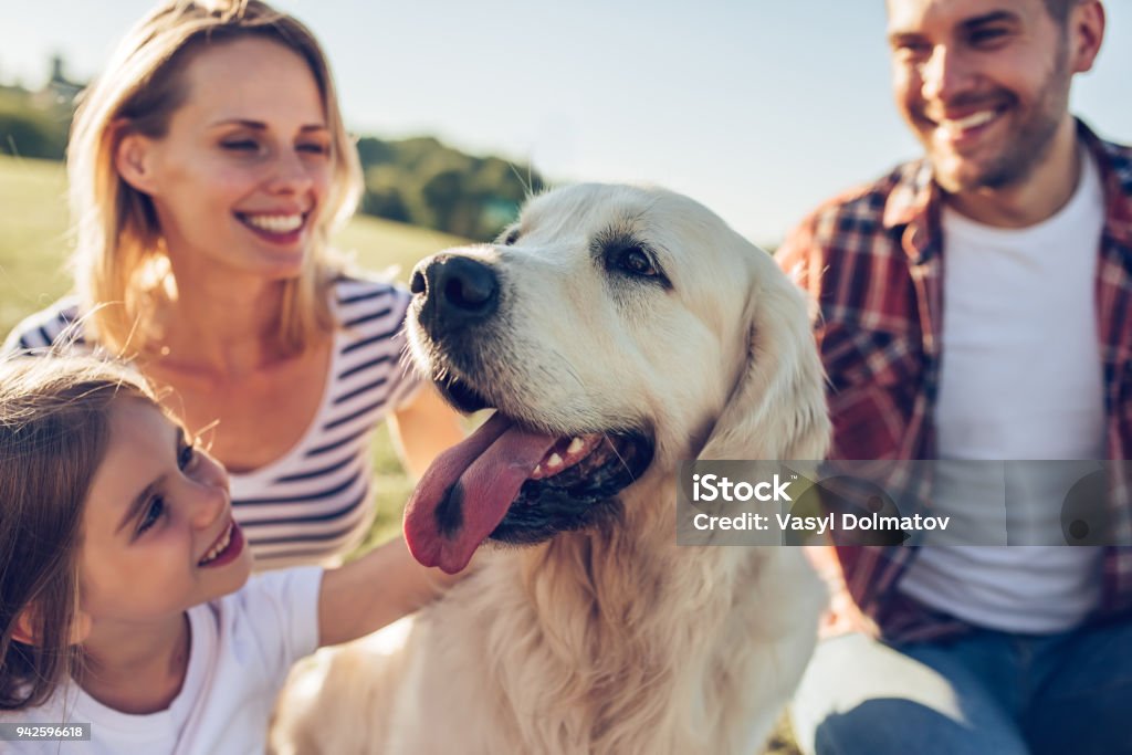 Happy family with dog Beautiful happy family is having fun with golden retriever outdoors. Mother, father and daughter are sitting with dog labrador on green grass in park. Dog Stock Photo