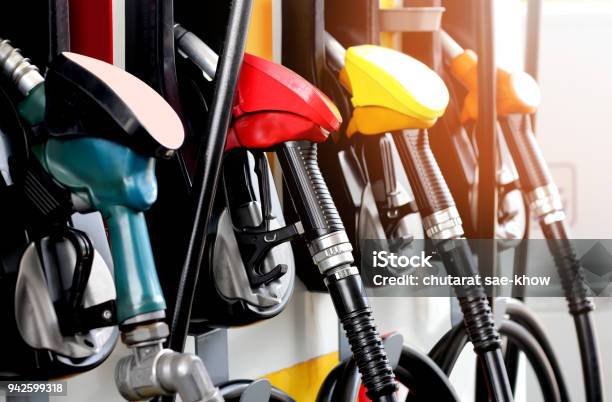 Red Green Yellow Orange Color Fuel Gasoline Dispenser Background Stock Photo - Download Image Now