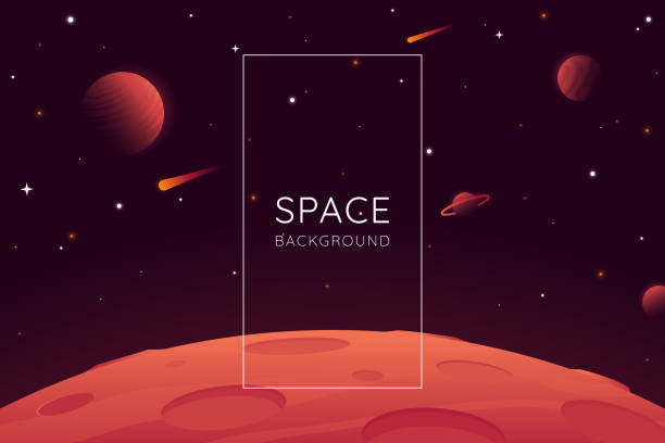붉은 행성 프리 벡터 일러스트입니다. 텍스트에 대 한 장소를 가진 공간 배경입니다. 분화구와 행성의 표면입니다. 공간 디자인에 대 한 장식입니다. 별과 어두운 배경에 혜성 eps 10 - space stock illustrations