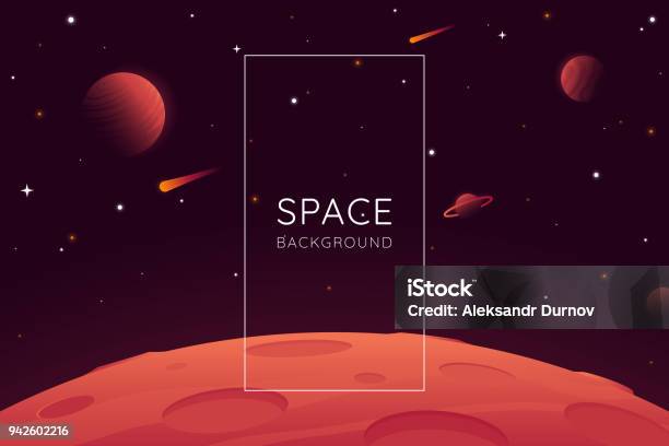 Red Planet Landscape Vector Illustration Space Background With Place For Text Surface Of The Planet With Craters Space Decoration For Your Design Stars And Comets On Dark Background Eps 10 Stock Illustration - Download Image Now