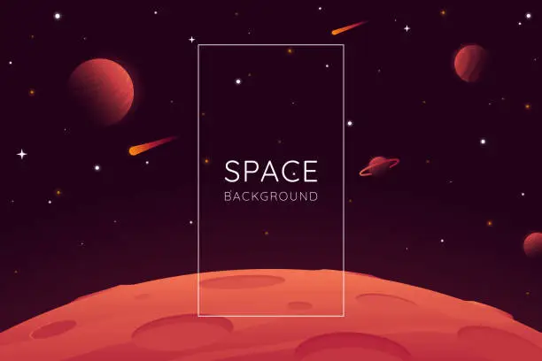 Vector illustration of Red planet landscape vector illustration. Space background with place for text. Surface of the planet with craters. Space decoration for your design. Stars and comets on dark background. Eps 10